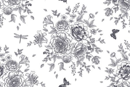 Illustration for Seamless floral background. Bouquets of Luxurious garden flowers, butterflies and dragonflies. Black and white pattern. Vector illustration. Vintage. Template for paper, wallpaper, textile. - Royalty Free Image