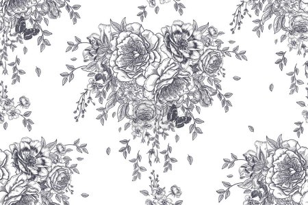 Illustration for Seamless floral background. Luxurious garden flowers and leaves in the shape of a heart and a butterfly. Black and white pattern. Vector illustration. Vintage. Template for paper, wallpaper, textiles - Royalty Free Image