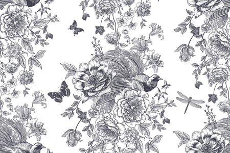Illustration for Garden of Eden.Seamless floral background. Luxurious garden flowers, bird of paradise, butterflies, dragonflies. Black and white pattern. Vector illustration. Vintage. For paper, wallpaper, textiles. - Royalty Free Image