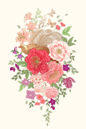 Illustration for Wedding Flower Decoration. Floral Garland, bird of paradise, butterflies and dragonfly. Garden flowers peonies, roses, lilies, branches and leaves. Vector illustration. Vintage. - Royalty Free Image