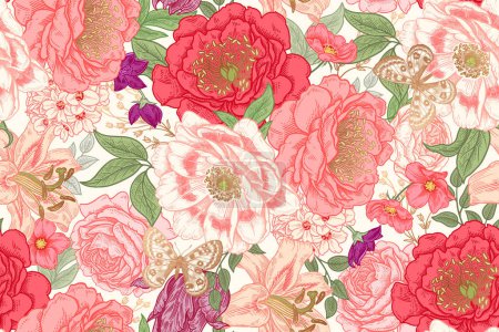 Illustration for Seamless floral background. Peonies, roses, tulips, lilies and other luxurious flowers. Flower pattern. Vector illustration. Vintage. Template for paper, wallpaper, textiles. - Royalty Free Image