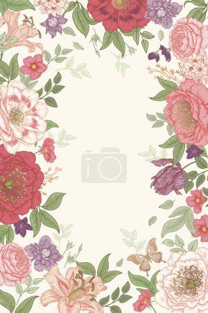Illustration for Floral wedding frame. Luxurious garden blooming flowers and butterfly. - Royalty Free Image