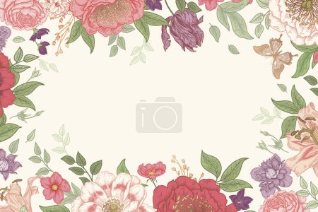 Ilustración de Marco de boda floral. Lujoso jardín floreciendo flores y mariposa. - Imagen libre de derechos