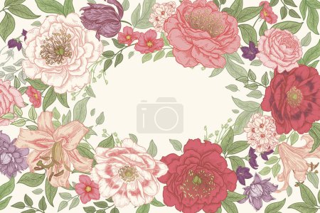 Téléchargez les illustrations : Cadre floral de mariage.Illustration botanique vectorielle. Vintage. - en licence libre de droit