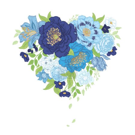 Illustration for Bouquet of garden flowers. Composition in shape of heart. Blooming Navy blue Flowers peonies, roses, branches, leaves and butterfly. Wedding decorations. Vector illustration. Vintage. - Royalty Free Image