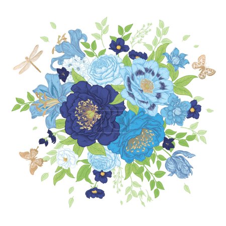 Illustration for Wedding Floral Decoration. Flower Bouquet, butterflies and dragonfly. Garden flowers peonies, roses, lilies, branches and leaves. Navy blue flowers on white background. Vector illustration. Vintage. - Royalty Free Image