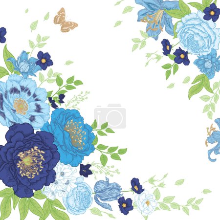 Illustration for Luxurious garden blooming flowers peonies, roses and butterfly. Template for wedding decor. Vintage botanical vector illustration. Vintage frame. Navy blue flowers on white background. - Royalty Free Image