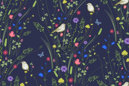 Illustration for Floral Seamless Pattern. Wildflowers, decorative grasses and cute birds. Delicate dark background. Vector illustration. Template for fabrics, textiles, wrapping paper, wallpaper. Vintage - Royalty Free Image