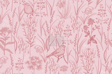 Illustration for Floral spring seamless pattern. Cereals, herbs, wildflowers and cute birds. Flax, clover and others. Vector illustration. Pink and red. Template for paper, wallpaper, textiles. Vintage. - Royalty Free Image