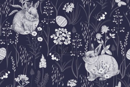 Illustration for Spring seamless pattern. Cute Easter bunnies and Easter eggs. Floral Black and white vector illustration. Rabbits among flowers. Hares and wildflowers. Template for Festive wrapping paper. - Royalty Free Image