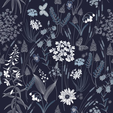 Illustration for Black and white Wildflowers, ornamental grasses and butterflies. Floral seamless pattern. Vector illustration with cute flowers. Template for fabrics, textiles, wrapping paper, wallpaper. Vintage - Royalty Free Image