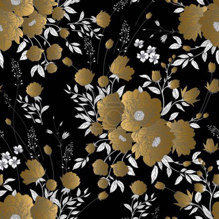 Illustration for Flowers peonies and butterflies on black background. Floral seamless pattern. Vector illustration. Cute gold flowers. Template for fabrics, textiles, wrapping paper, wallpaper. Vintage. - Royalty Free Image