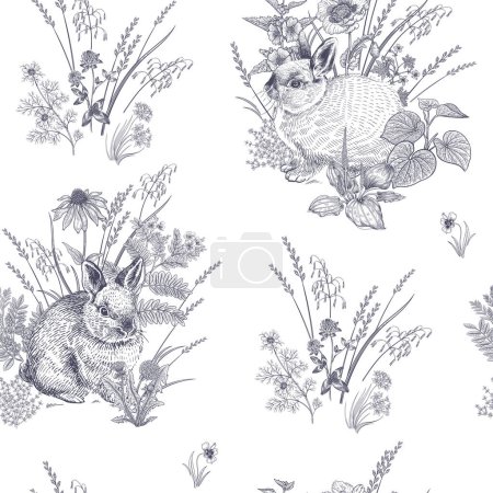 Illustration for Spring seamless pattern. Cute Easter bunnies. Floral Black and white vector illustration. Rabbits among flowers. Hares and wildflowers. Template for Festive wrapping paper. - Royalty Free Image