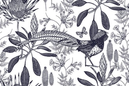 Illustration for Seamless floral pattern. Exotic flowers, butterflies and pheasant bird. Flower background. Vintage. Vector illustration. Black and white. Template for textiles, wallpaper, paper. - Royalty Free Image