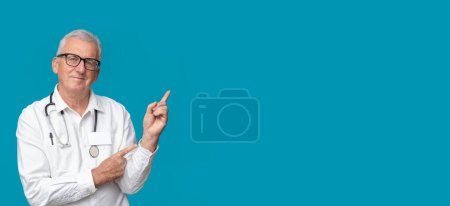Photo for Doctor in eyeglasses on turquoise background with space for text. - Royalty Free Image
