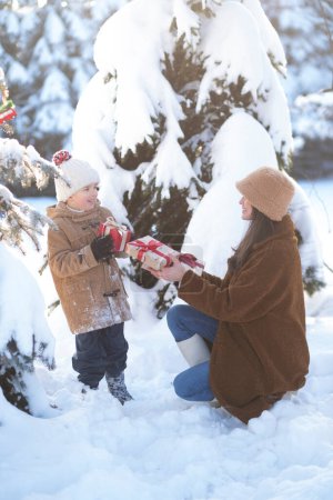Photo for Christmas time. Mom and son is decorating a Christmas tree and give a gift each other. - Royalty Free Image