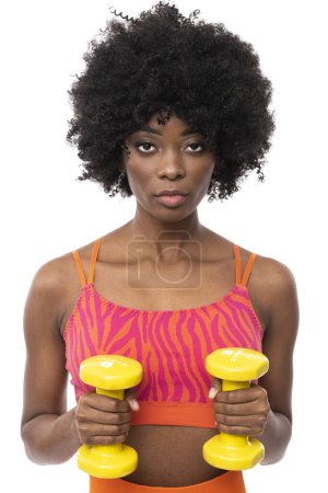 Foto de Beauty fitness trainer with afro hair on isolated white background. - Imagen libre de derechos