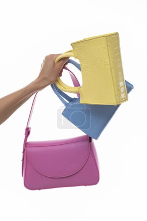 Photo for Stylish and colorful woman handbags on isolated white background. - Royalty Free Image