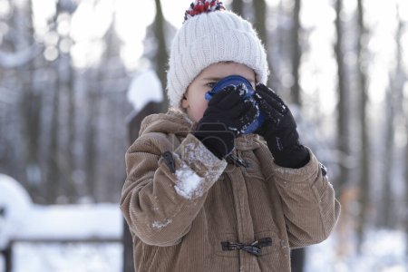 Téléchargez les photos : Maman et son fils s'amusent beaucoup à faire une promenade hivernale, à prendre le thé et à décorer le sapin de Noël. - en image libre de droit