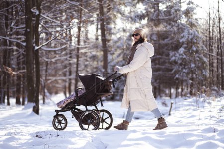 Foto de Mamá y el bebé en un cochecito en un paseo por el bosque de invierno. - Imagen libre de derechos