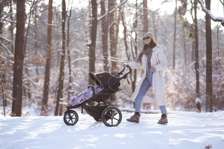 Téléchargez les photos : Maman et bébé dans une poussette lors d'une promenade dans la forêt d'hiver. - en image libre de droit