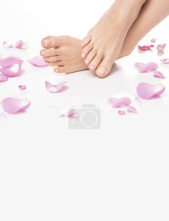 Photo for Female feet in flowers on a white background. - Royalty Free Image