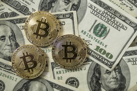 Foto de Dólares y bitcoin en diferentes variaciones. - Imagen libre de derechos