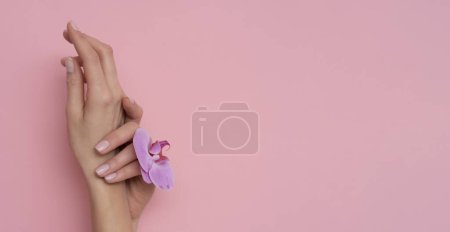 Natural manicure on pink background.