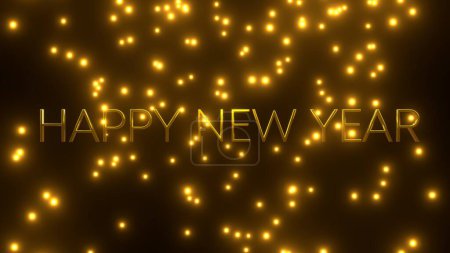 Happy New Year with golden falling particle on black background. 4K UHD. 3d rendering.