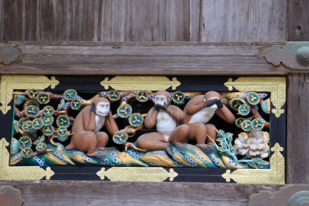 Photo for Nikko shi, Japan -three wise monkeys sculpture is shown in Toshogu shrine , UNESCO World Heritage Site - Royalty Free Image