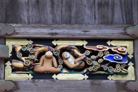 Photo for Nikko shi, Japan -three wise monkeys sculpture is shown in Toshogu shrine , UNESCO World Heritage Site - Royalty Free Image