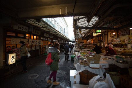 Téléchargez les photos : Tokyo, Japon- 15 janvier 2018 : visite touristique de la rue gastronomique du marché de Tsukiji. En juin 2017, les plans pour déplacer le marché aux poissons ont été relancés, mais reportés à l'automne 2018 en juillet - en image libre de droit