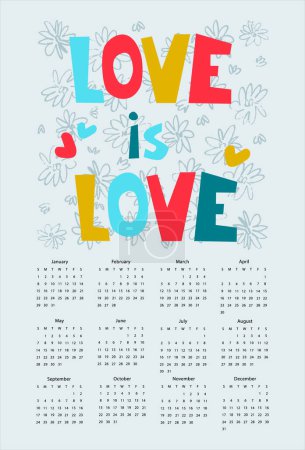 Illustration for Calendar vector template for year 2023 with hand drawn Love is Love slogan - Royalty Free Image