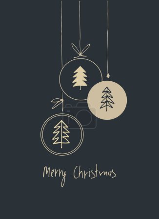 Merry Christmas greeting card template. Minimalistic design with garland of bauble ornaments like gold, snowflakes and hand lettering