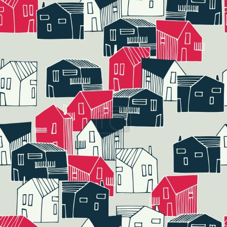Nahtloses Muster mit Stadtbild in Farbe des Jahres, Viva Magenta. Wohnviertel. Kleine Häuser in städtischer, vorstädtischer oder ländlicher Landschaft für Oberflächengestaltung und andere Gestaltungsprojekte