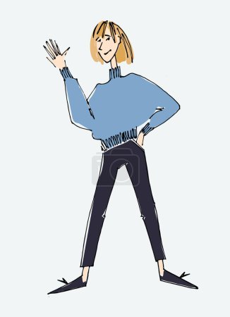 Illustration for Figure of a young woman waving. line illustrations, Flat style, isolated vector element, hand lettering - Royalty Free Image