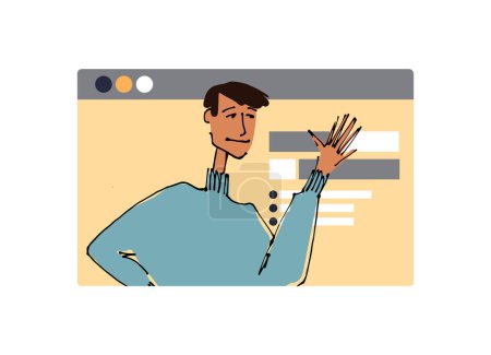 Ilustración de Un joven frente a una pantalla de ordenador. ilustraciones de línea, estilo plano, elemento vectorial aislado, letras de mano - Imagen libre de derechos