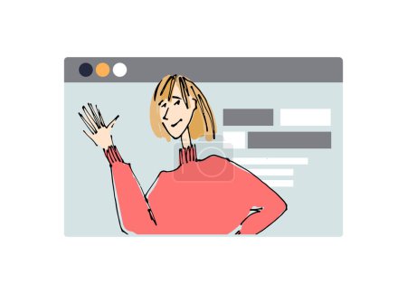 Ilustración de Jovencita frente a una pantalla de ordenador. ilustraciones de línea, estilo plano, elemento vectorial aislado, letras de mano - Imagen libre de derechos