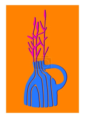 Illustration for Decor printable art. Hand drawn ceramic vase with Poaceae plants in bright luminescent colors. Vector illustration. Design for prints, posters, cards, textile - Royalty Free Image