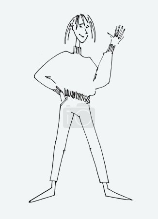 Illustration for Figure of a young woman waving. line illustrations, Flat style, isolated vector element, hand lettering - Royalty Free Image