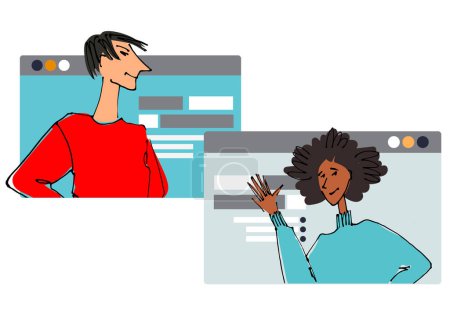 Illustration for Two Young people in front of a computer screen. line illustrations, Flat style, isolated vector element, hand lettering - Royalty Free Image