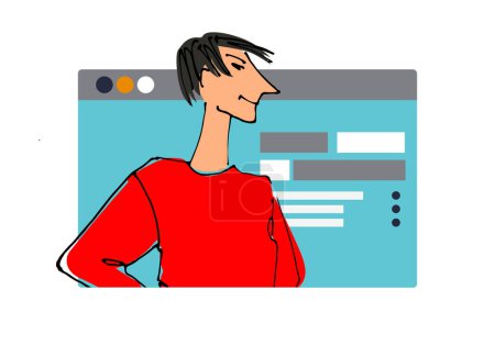 Ilustración de Un joven frente a una pantalla de ordenador. ilustraciones de línea, estilo plano, elemento vectorial aislado, letras de mano - Imagen libre de derechos