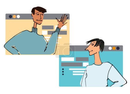 Ilustración de Two Young man in front of a computer screen. line illustrations, Flat style, isolated vector element, hand lettering - Imagen libre de derechos