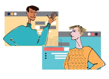 Ilustración de Two Young man in front of a computer screen. line illustrations, Flat style, isolated vector element, hand lettering - Imagen libre de derechos