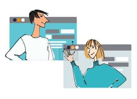 Illustration for Two Young people in front of a computer screen. line illustrations, Flat style, isolated vector element, hand lettering - Royalty Free Image