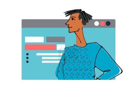Illustration for Young man in front of a computer screen. line illustrations, Flat style, isolated vector element, hand lettering - Royalty Free Image