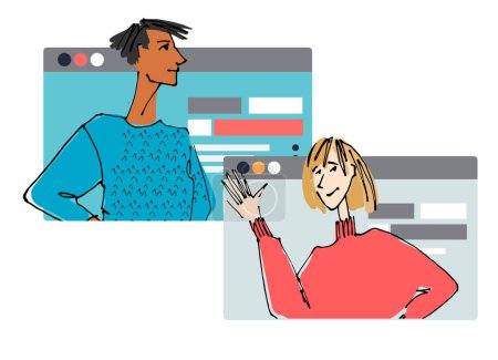 Ilustración de Two Young people in front of a computer screen. line illustrations, Flat style, isolated vector element, hand lettering - Imagen libre de derechos