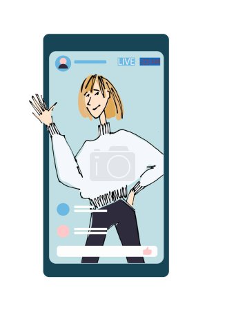 Illustration for Young man, girl waving hand from phone screen. line illustrations, Flat style, isolated vector element, hand lettering - Royalty Free Image