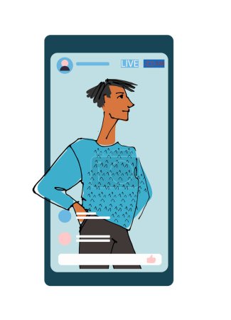 Illustration for Young man, girl waving hand from phone screen. line illustrations, Flat style, isolated vector element, hand lettering - Royalty Free Image