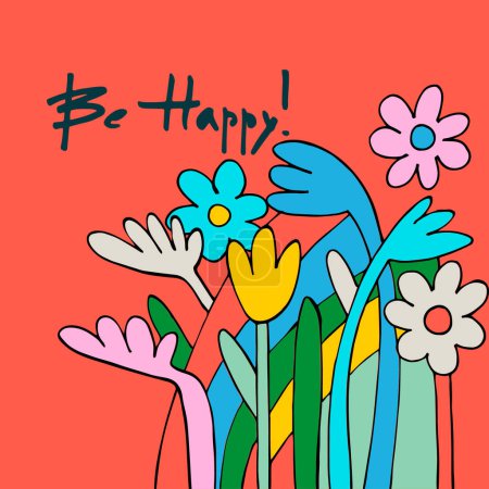 Diseño de la tarjeta de felicitación Happy Birthday con flores en estilo retro de moda y firma manuscrita Happy Birthday sobre un fondo brillante. Plantilla para IG, web, postal, red social
